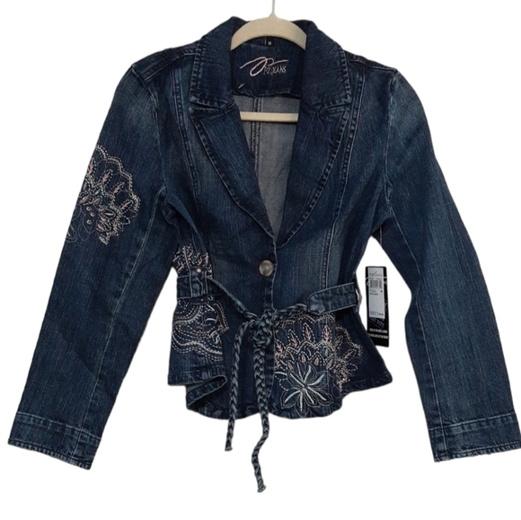 Pzi jean women denim jacket in size M embroidery accent belted boho festival Y2K - Picture 10 of 10
